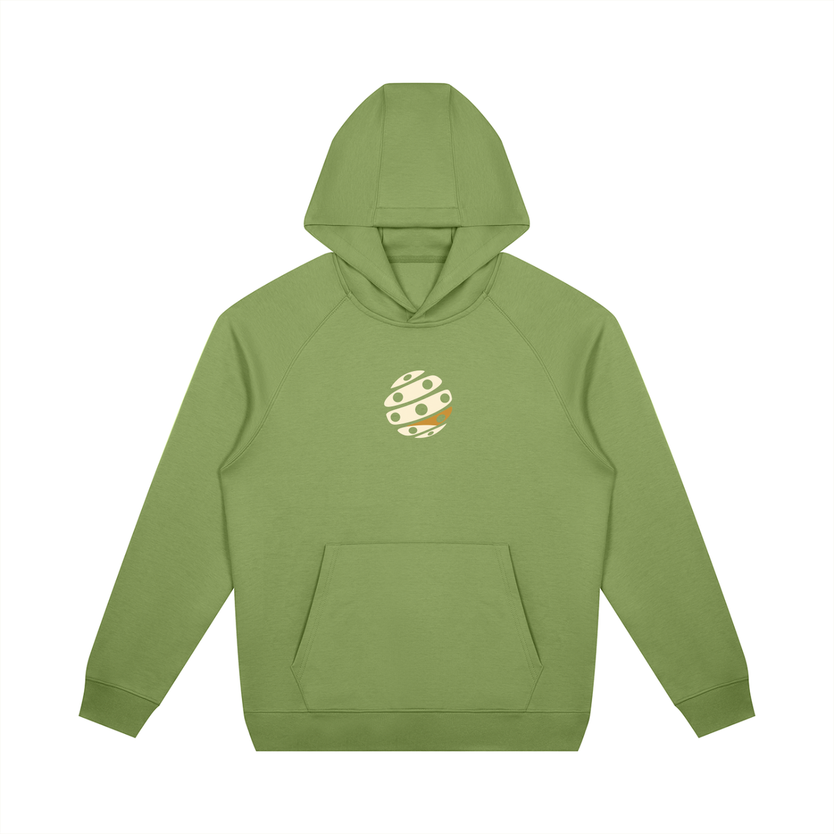 Sage green unisex raglan pullover hoodie with planet graphic and front kangaroo pocket