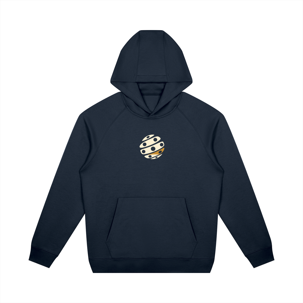 Navy blue unisex raglan pullover hoodie with planet graphic and front kangaroo pocket
