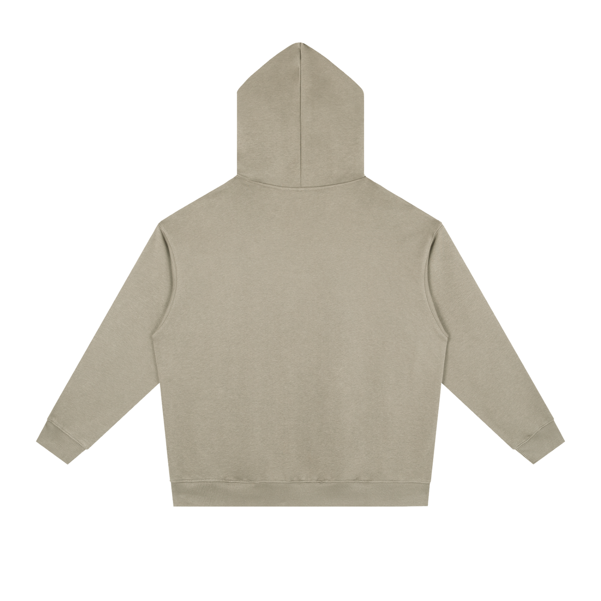 Sage green heavyweight drop-shoulder hoodie back view with hood and dropped shoulders