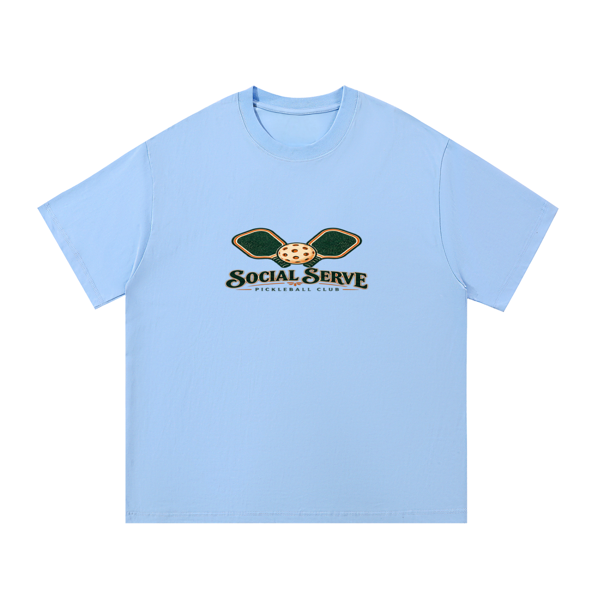 Light blue cotton T-shirt with small “Social Serve Pickleball Club” front graphic.