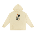 Mild apricot drop-shoulder hoodie with front graphic, hood, and kangaroo pocket