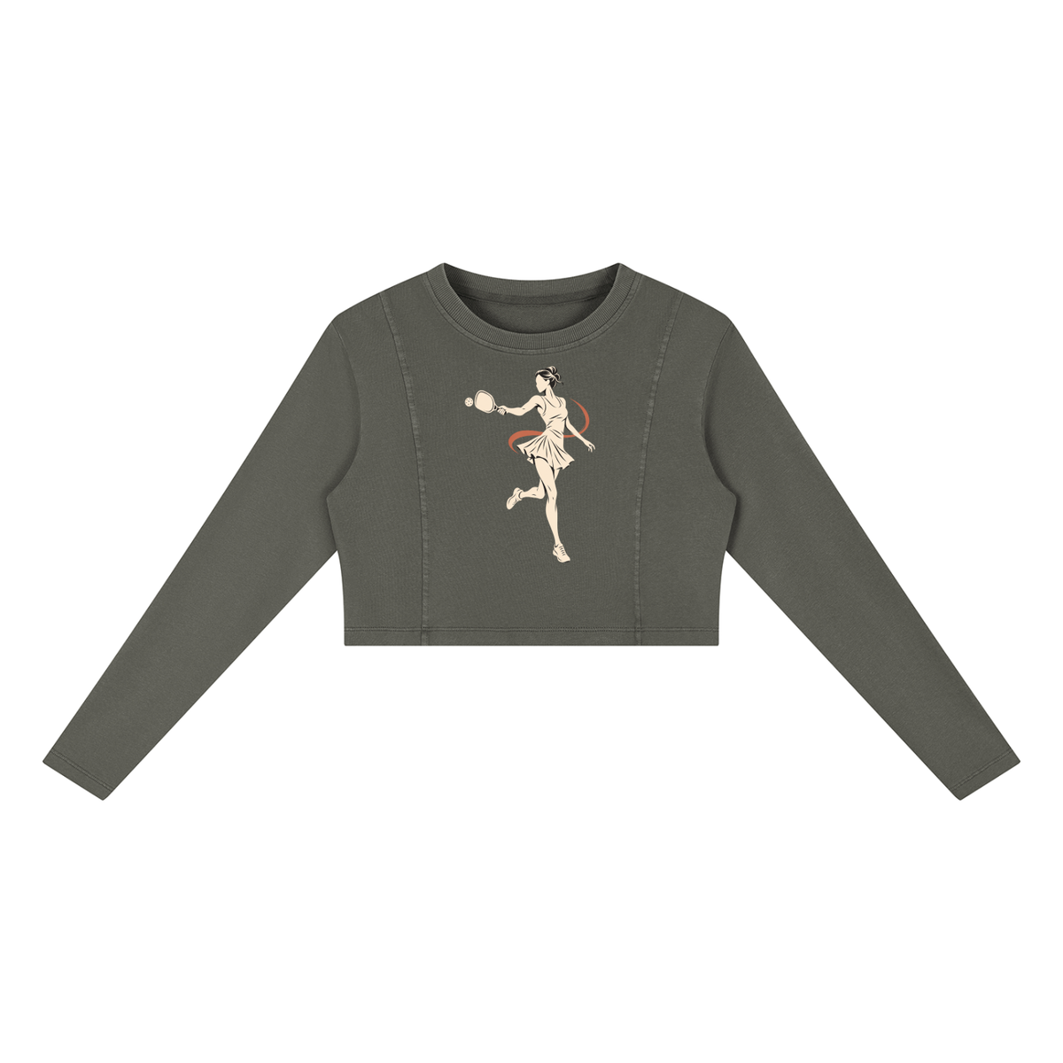 Mineral-wash cropped sweatshirt, olive green, front runner graphic