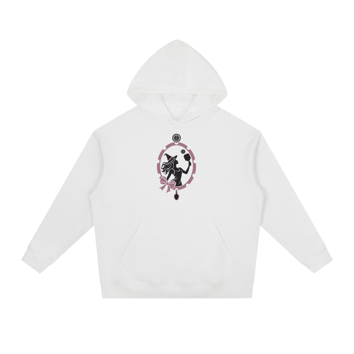 White heavyweight drop-shoulder hoodie with front kangaroo pocket and graphic emblem