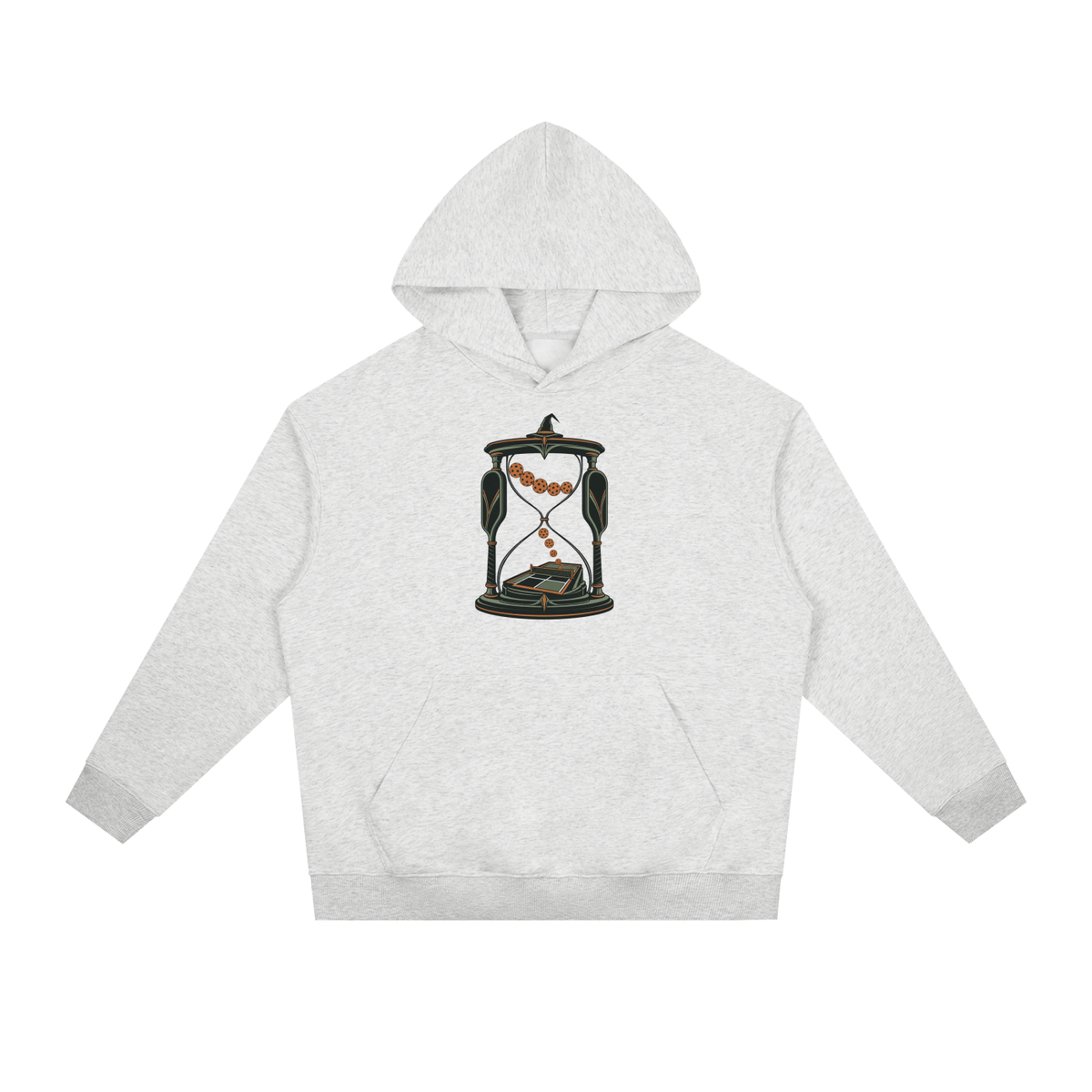 Heather gray heavy hoodie with front graphic, kangaroo pocket, and drawstring hood