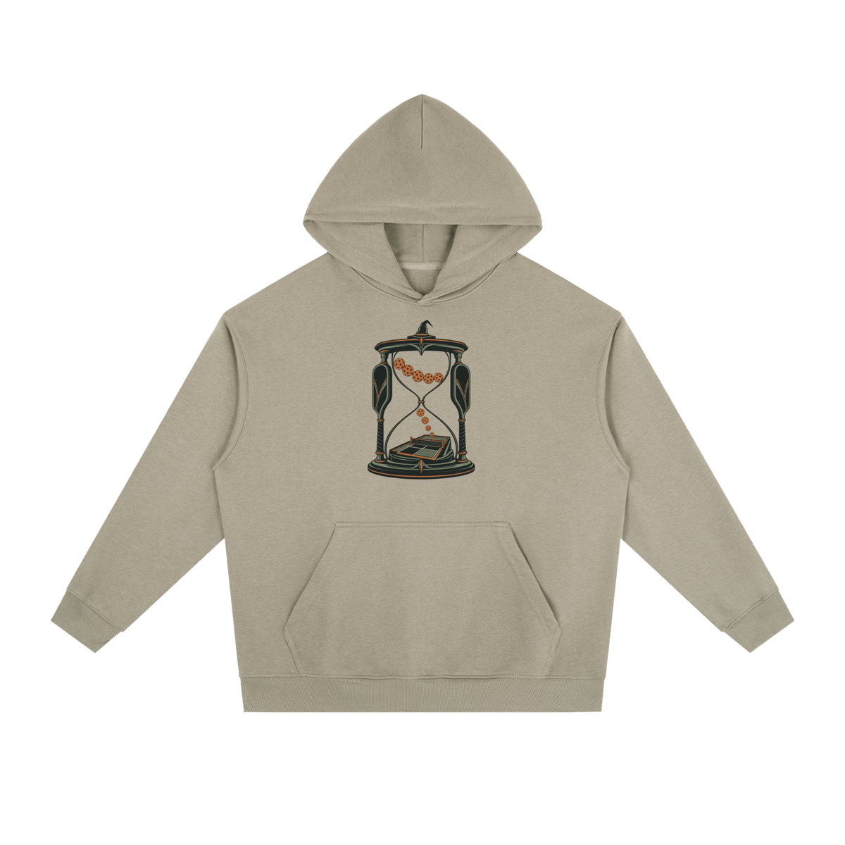 Sage green heavyweight drop-shoulder hoodie with hourglass graphic and kangaroo pocket