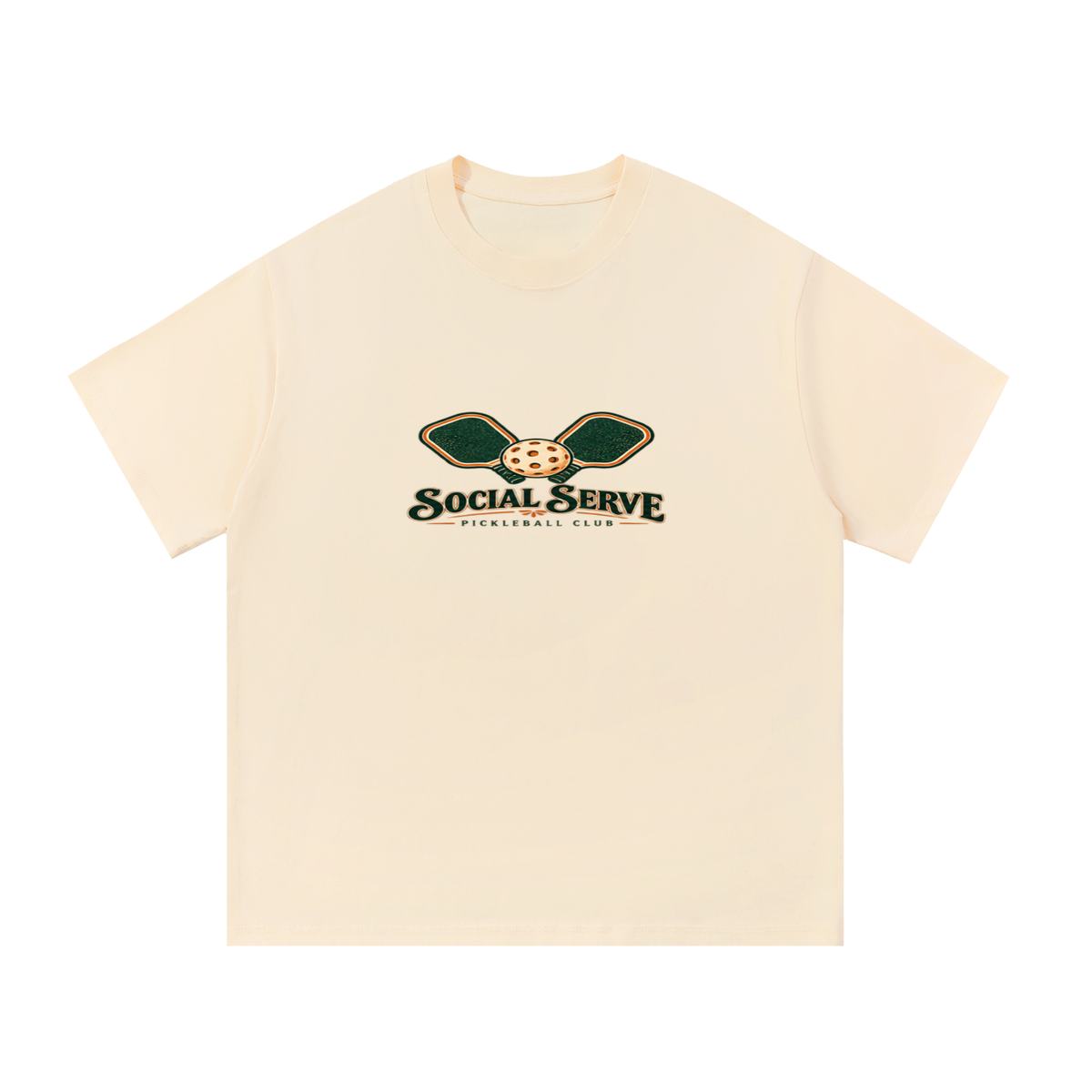 Light cream cotton T-shirt with small “Social Serve Pickleball Club” front graphic.