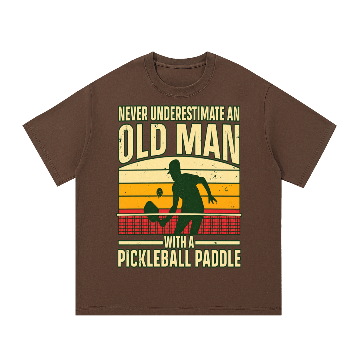 Brown cotton t-shirt with “Old Man” pickleball graphic on the front