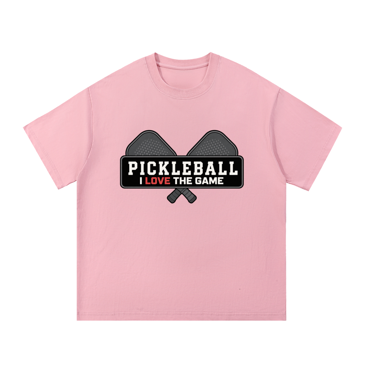 Pink cotton T-shirt with 'Pickleball I love the game' graphic
