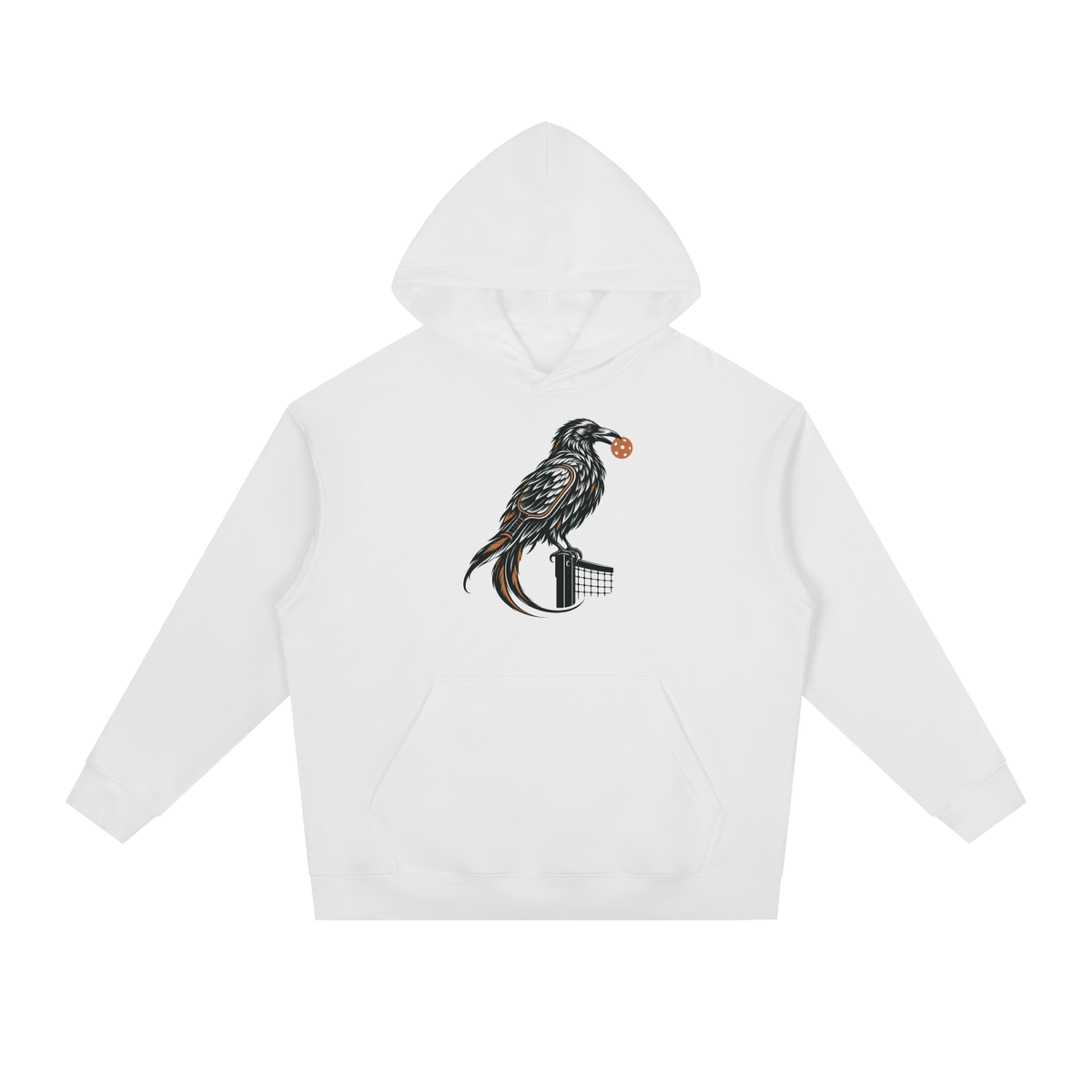 White drop-shoulder hoodie with front hood and bird graphic