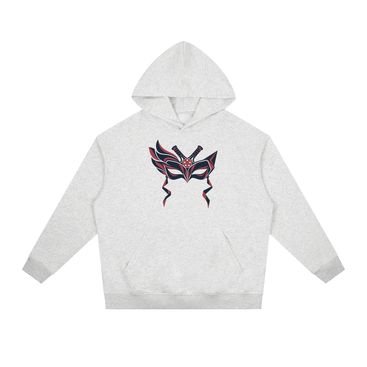 Heather gray pullover hoodie with hood, kangaroo pocket, and front graphic