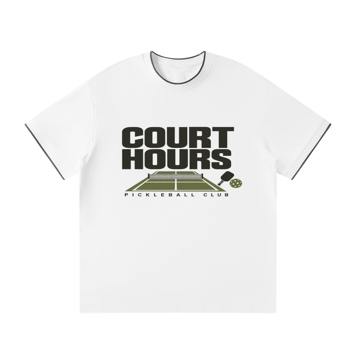 White unisex regular fit T-shirt with COURT HOURS pickleball graphic
