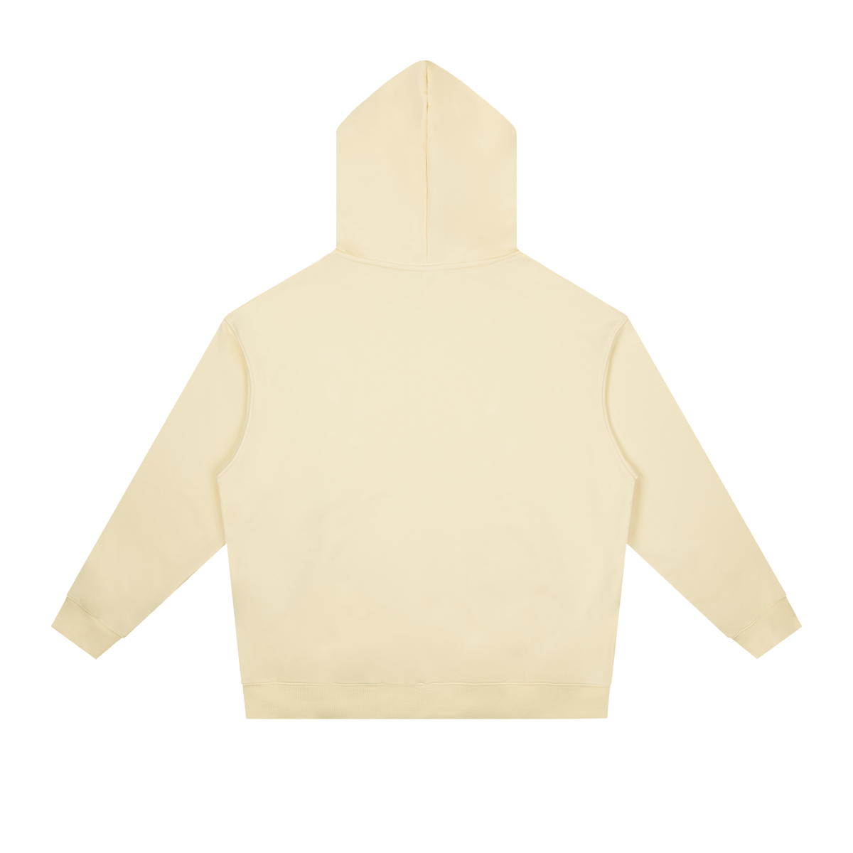 Mild apricot drop-shoulder hoodie, back view with hood