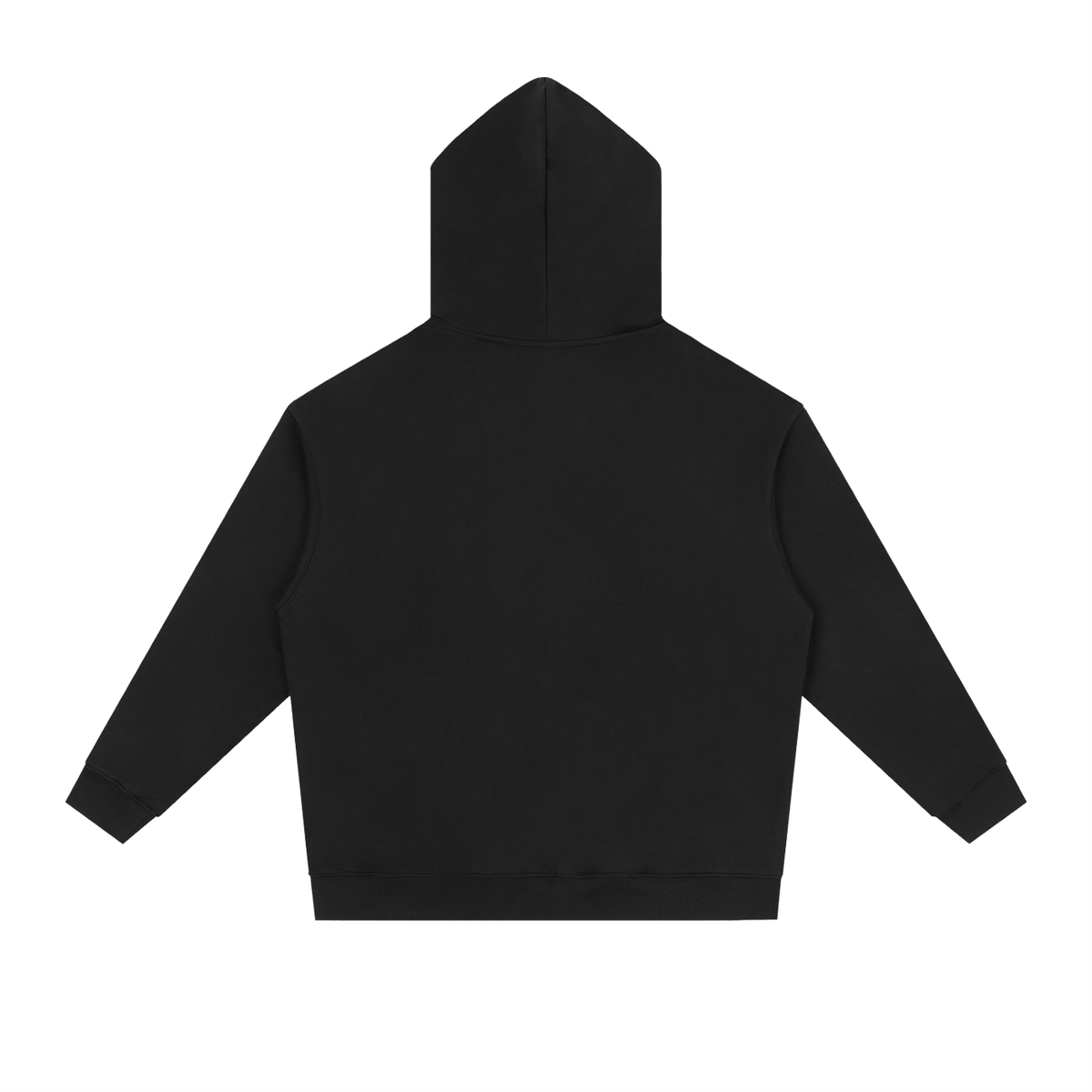 Black drop-shoulder hoodie, back view with hood