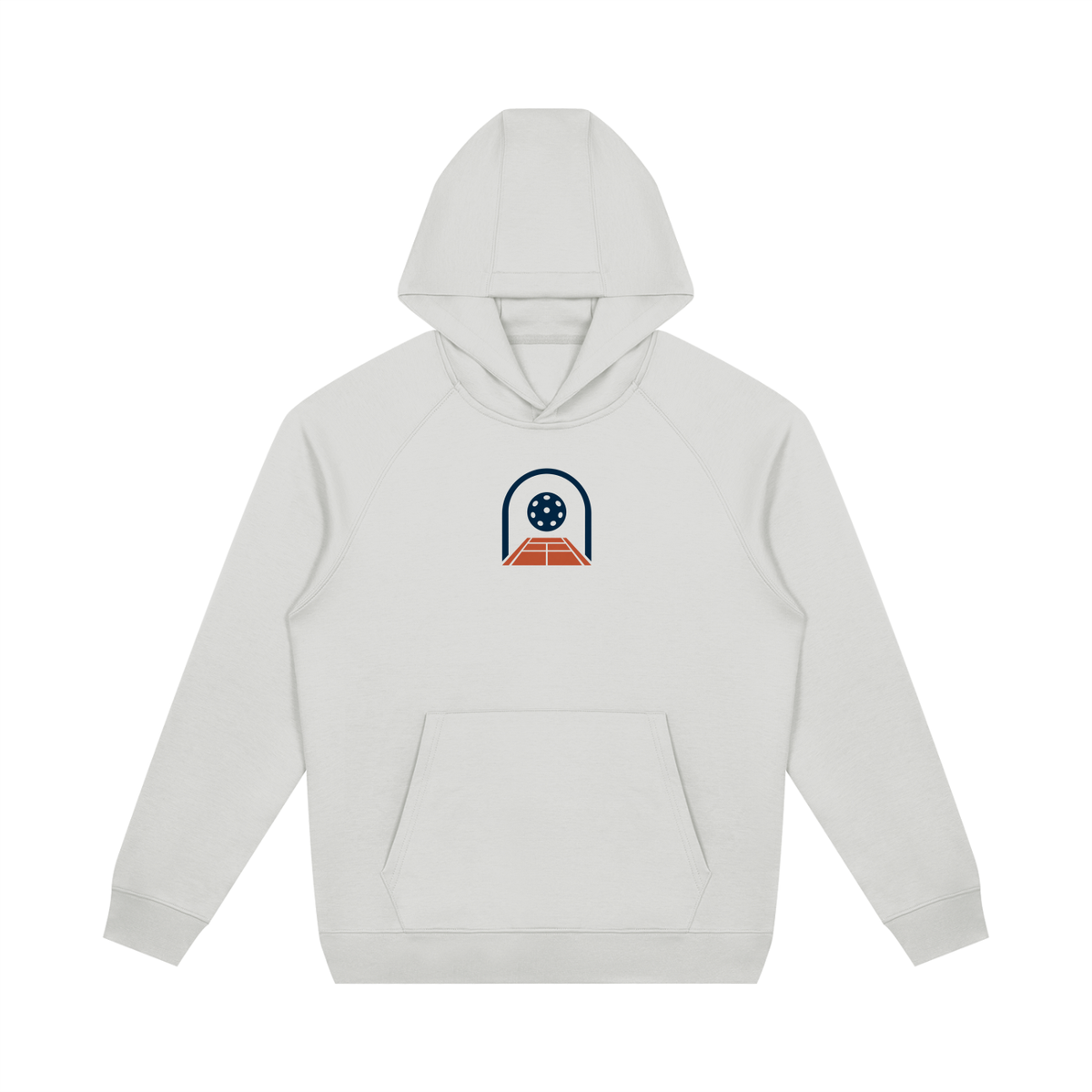 White unisex oversized raglan pullover hoodie with hood, kangaroo pocket, and front graphic