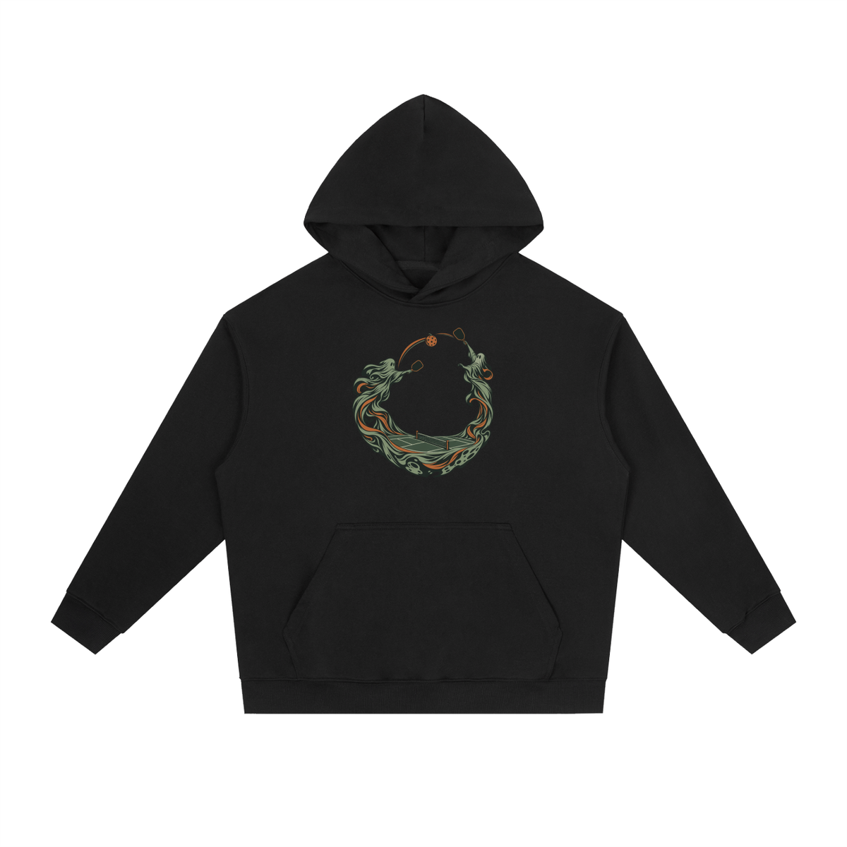 Heavyweight drop-shoulder hoodie in black, front graphic and kangaroo pocket.