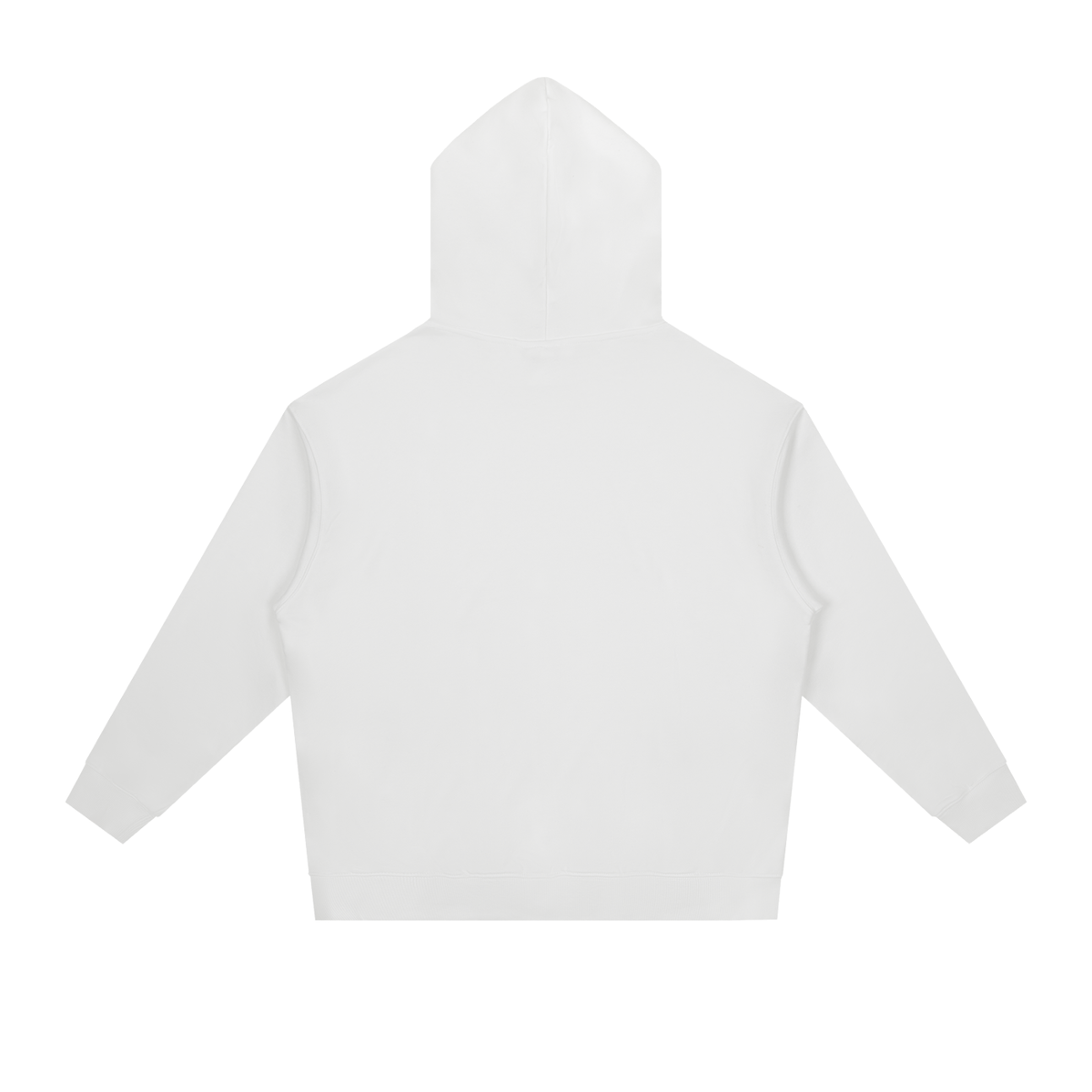 White heavyweight drop-shoulder hoodie, rear view with hood and kangaroo pocket.
