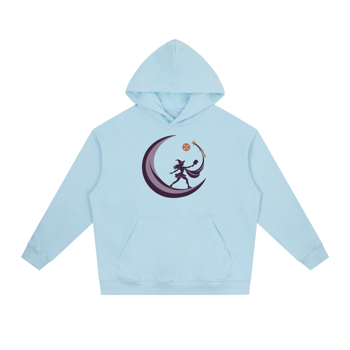 Sky blue heavyweight drop-shoulder hoodie with kangaroo pocket and moon dancer graphic