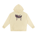 Light apricot pullover hoodie with hood, kangaroo pocket, and front graphic