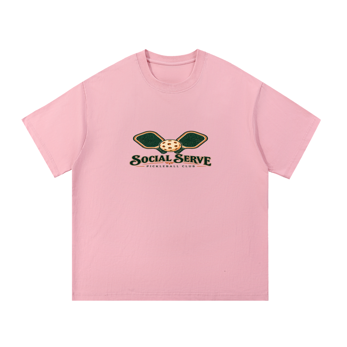Pink cotton T-shirt with small “Social Serve Pickleball Club” front graphic.
