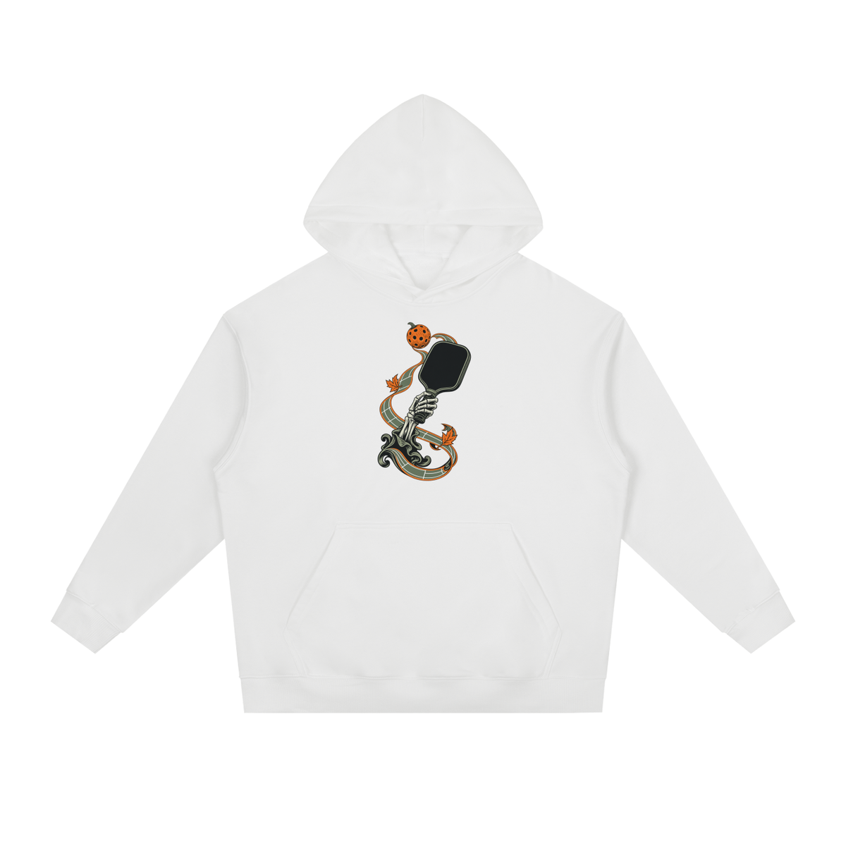 White drop-shoulder hoodie with front graphic, hood, and kangaroo pocket