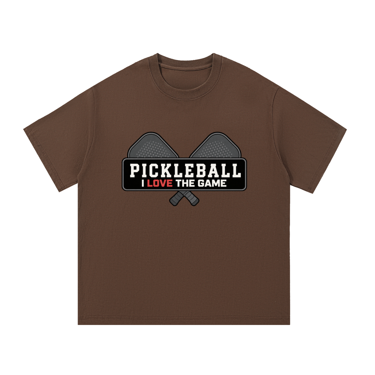 Brown cotton T-shirt with 'Pickleball I love the game' graphic