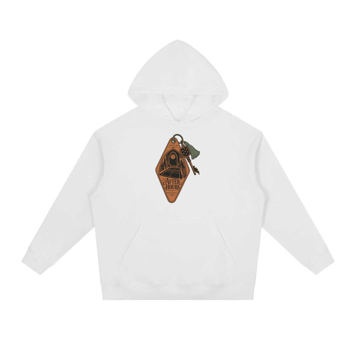 White heavyweight drop-shoulder hoodie with front kangaroo pocket and hood.