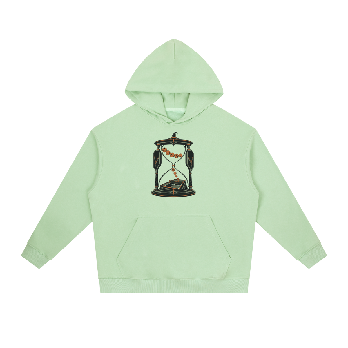 Light green heavy hoodie with front graphic, kangaroo pocket, and drawstring hood