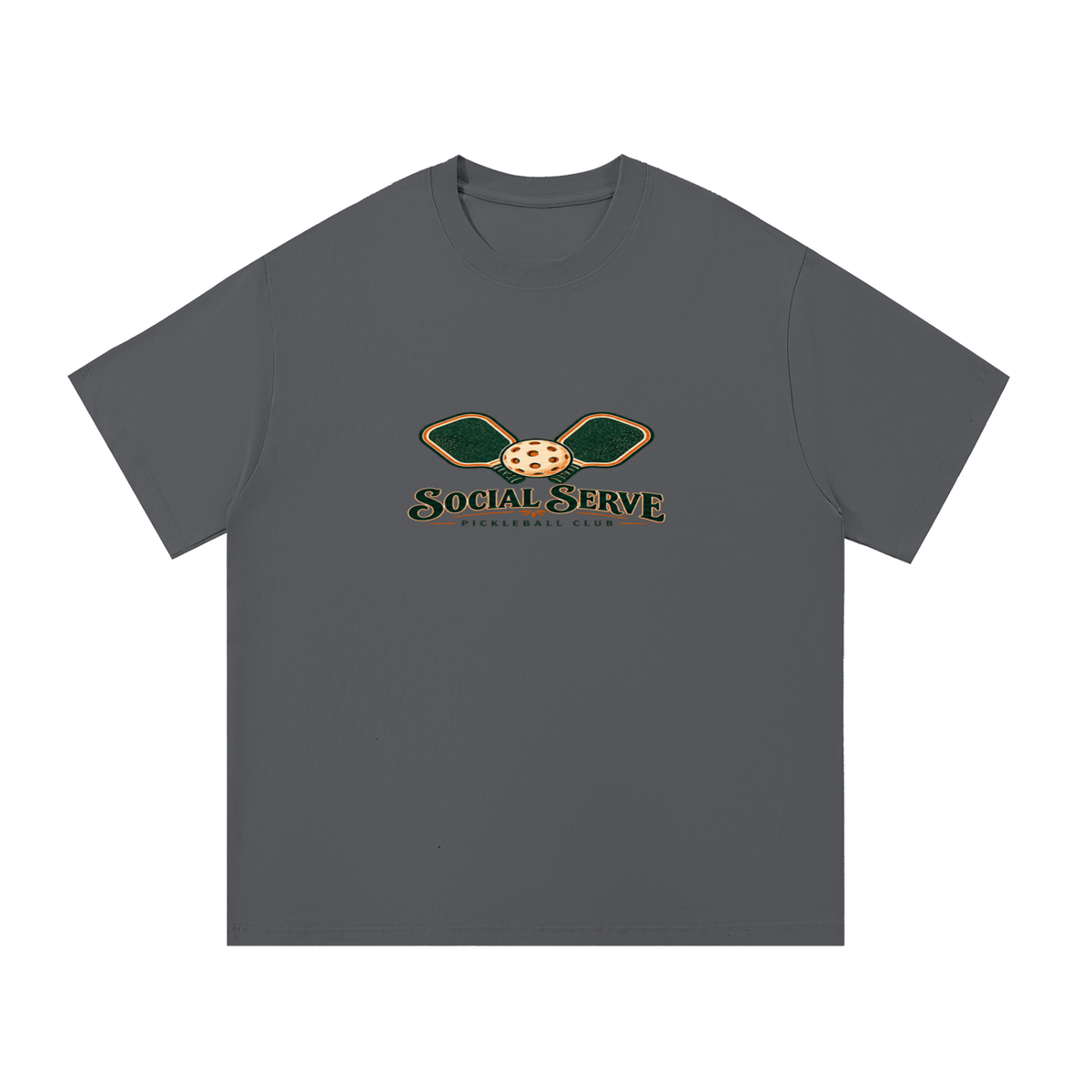 Dark gray cotton T-shirt with small “Social Serve Pickleball Club” front graphic.