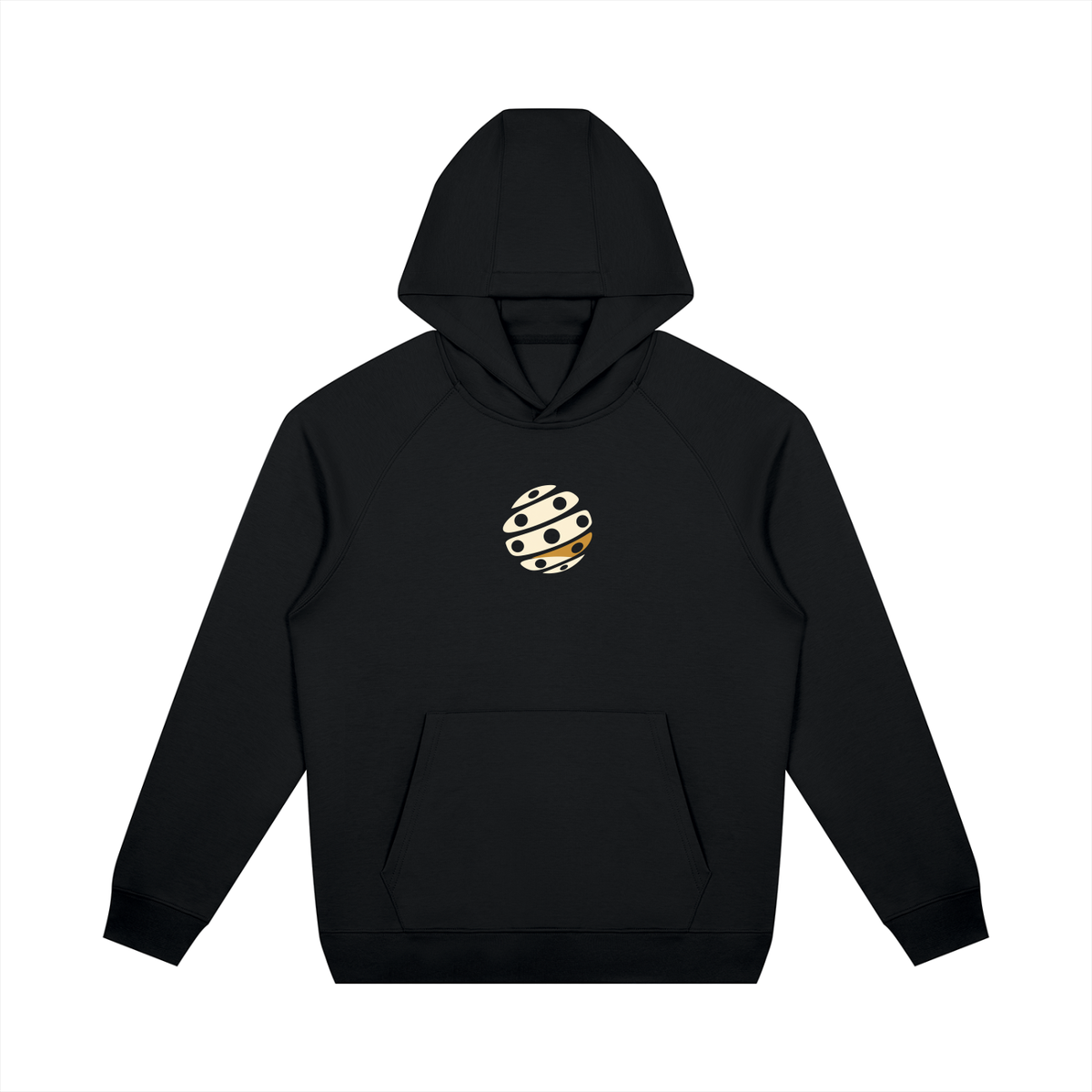 Black unisex raglan pullover hoodie with planet graphic and front kangaroo pocket