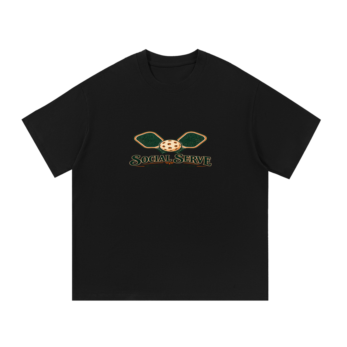 Black cotton T-shirt with small “Social Serve Pickleball Club” front graphic.