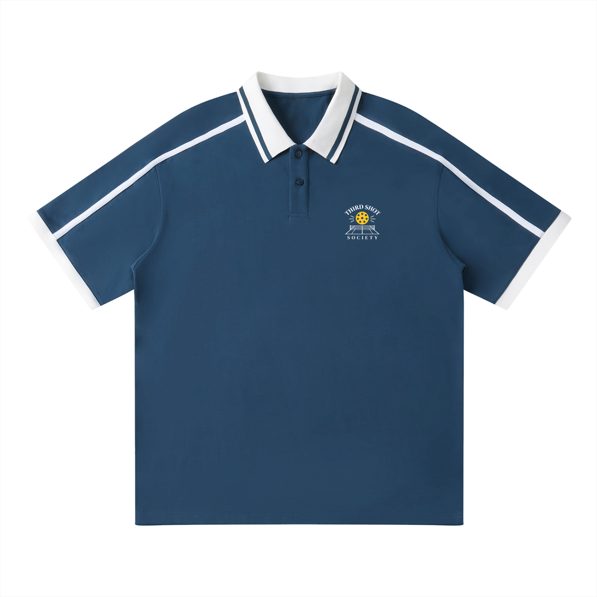 Navy blue unisex polo shirt with white contrast piping, button collar, chest logo.
