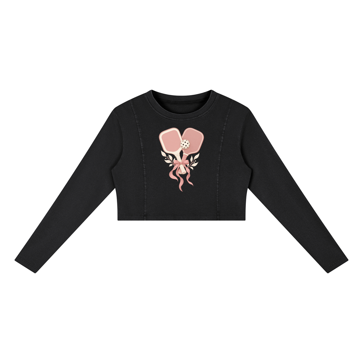 Women's black mineral wash crop sweatshirt with floral graphic front