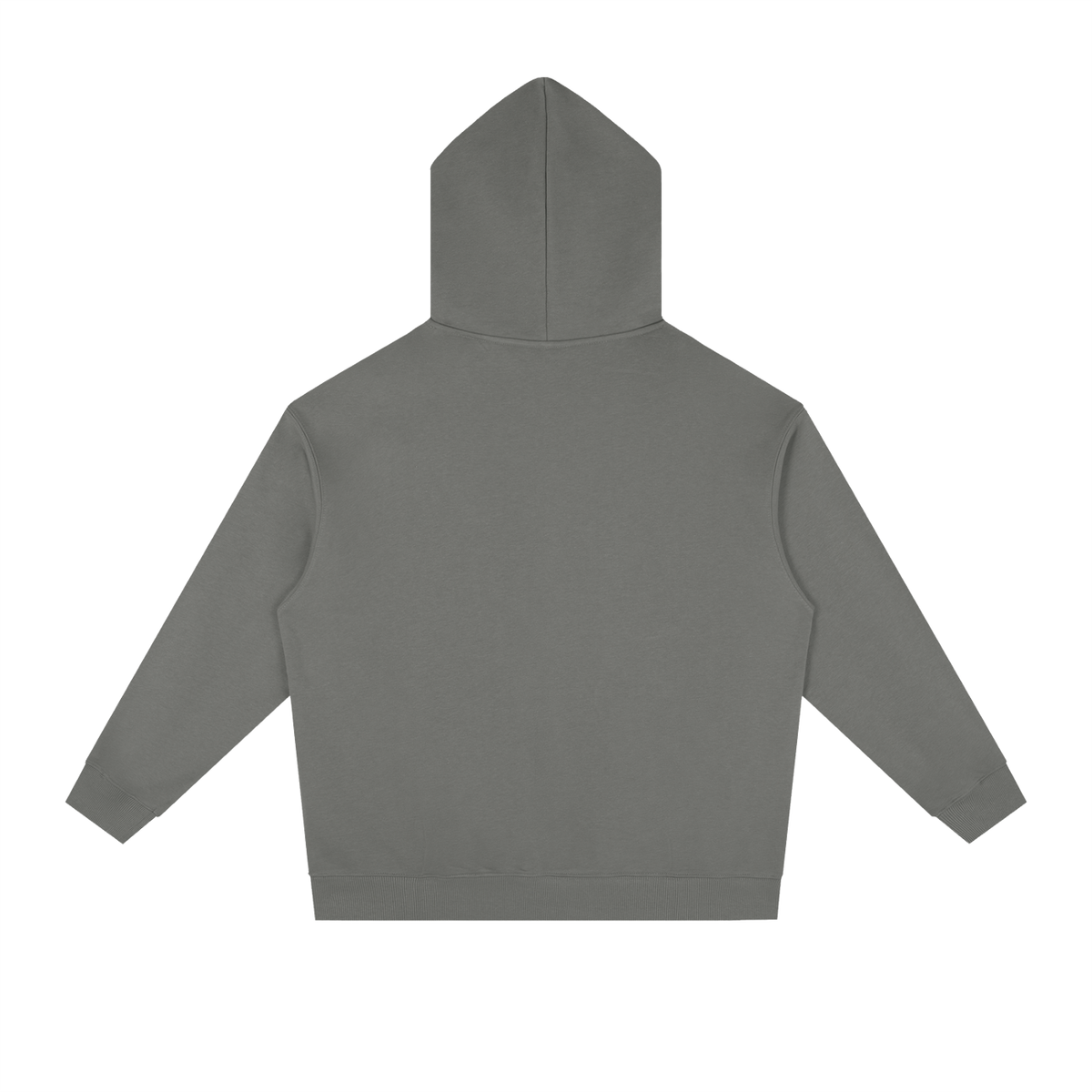 Dark gray heavyweight drop-shoulder hoodie back view with hood and dropped shoulders
