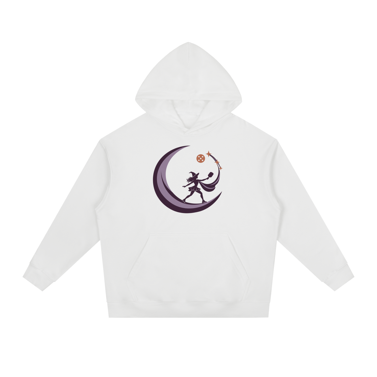 White heavyweight drop-shoulder hoodie with kangaroo pocket and moon dancer graphic