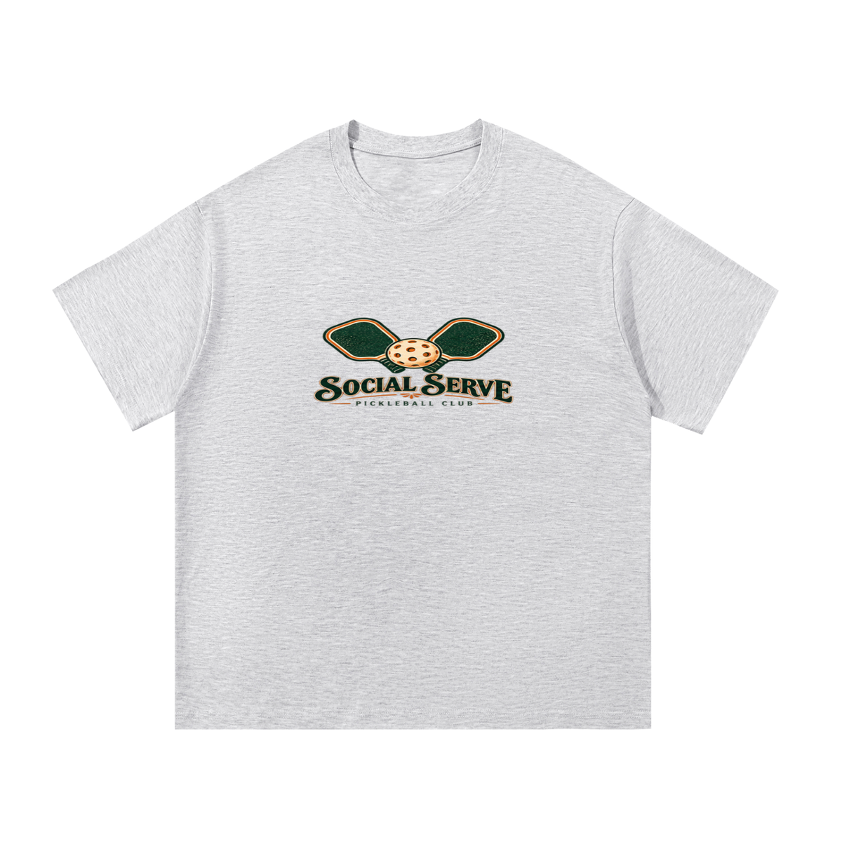 Heather gray cotton T-shirt with small “Social Serve Pickleball Club” front graphic.
