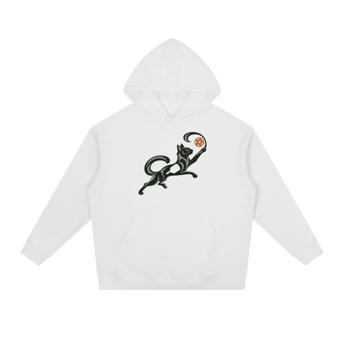 White drop-shoulder hoodie with front kangaroo pocket and chest graphic