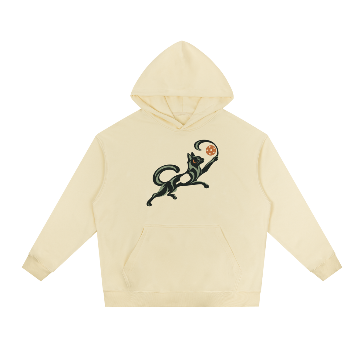 Mild apricot drop-shoulder hoodie with front kangaroo pocket and chest graphic