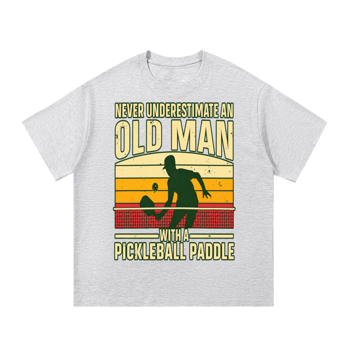 Light gray cotton t-shirt with “Old Man” pickleball graphic on the front