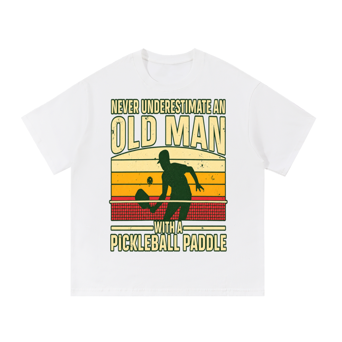 White cotton t-shirt with “Old Man” pickleball graphic on the front