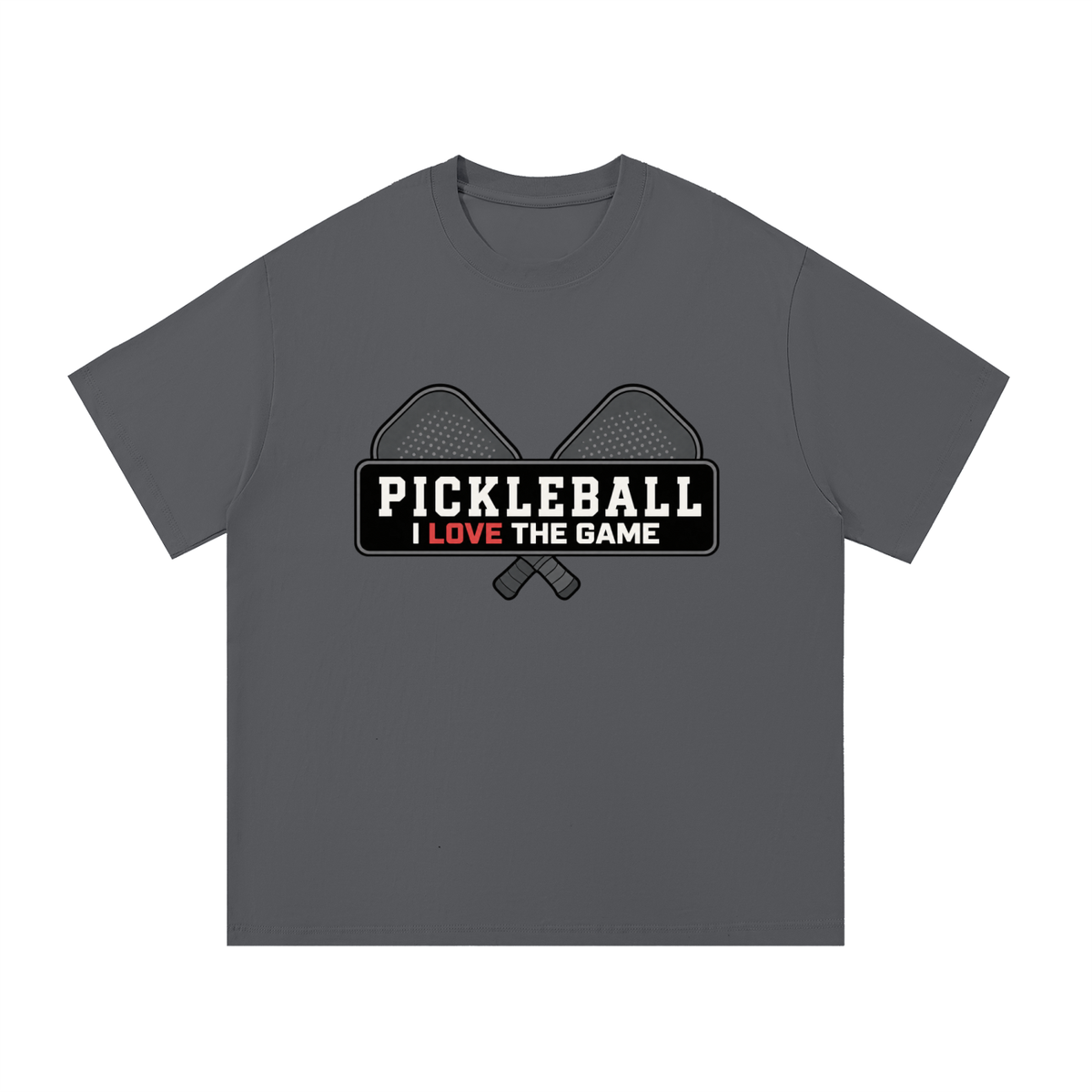 Dark gray cotton T-shirt with 'Pickleball I love the game' graphic