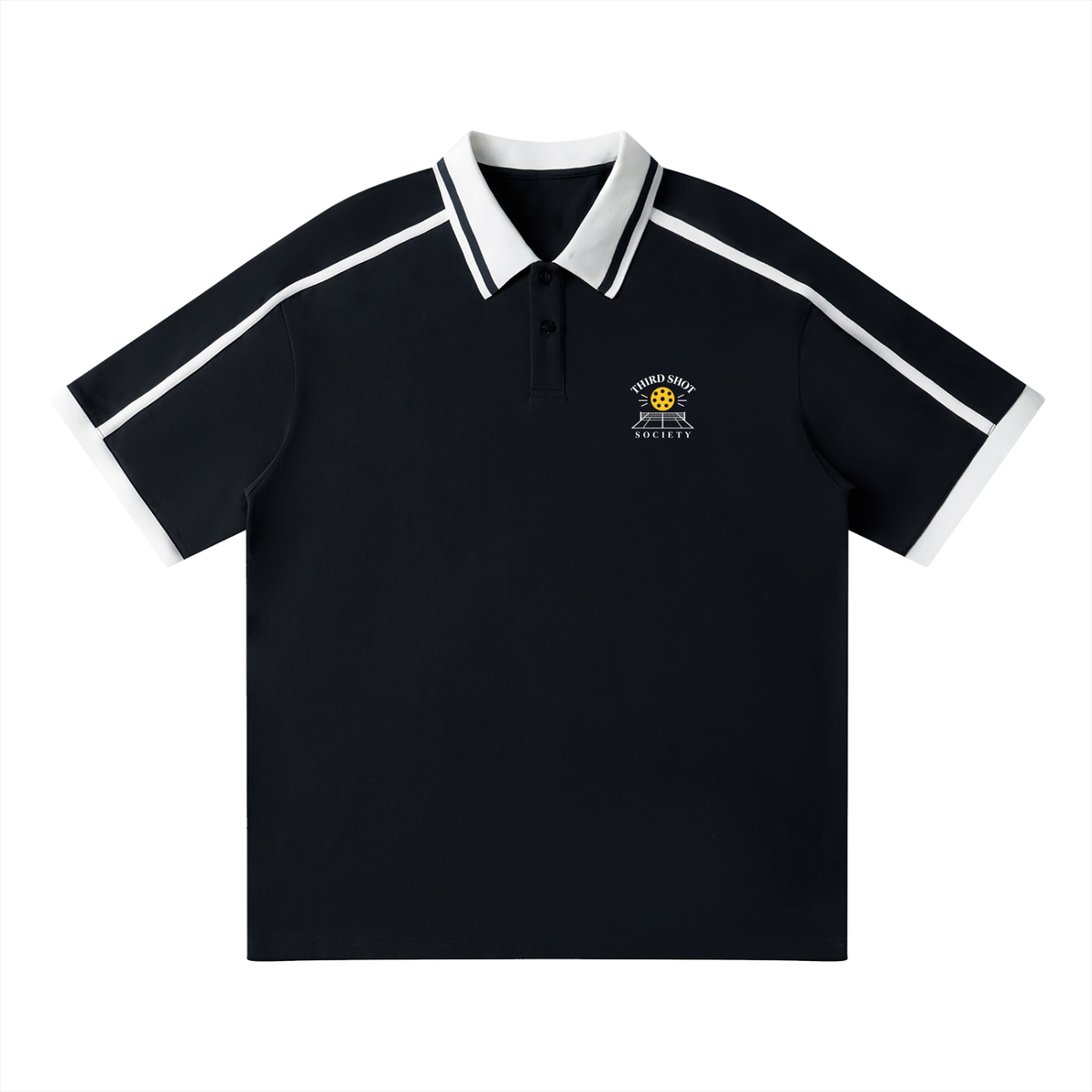 Black unisex polo shirt with white contrast piping, button collar, chest logo.
