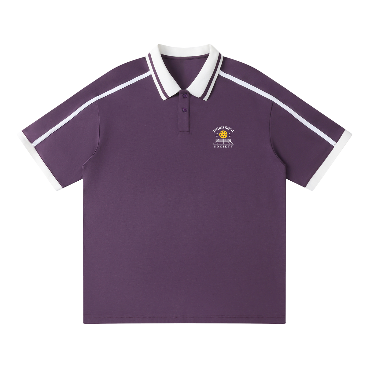 Purple unisex polo shirt with white contrast piping, button collar, chest logo.