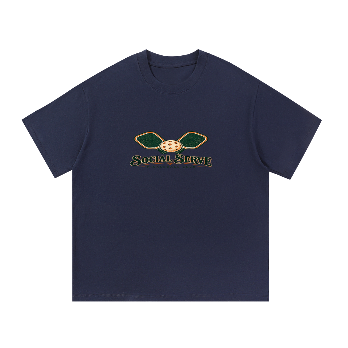 Navy cotton T-shirt with small “Social Serve Pickleball Club” front graphic.