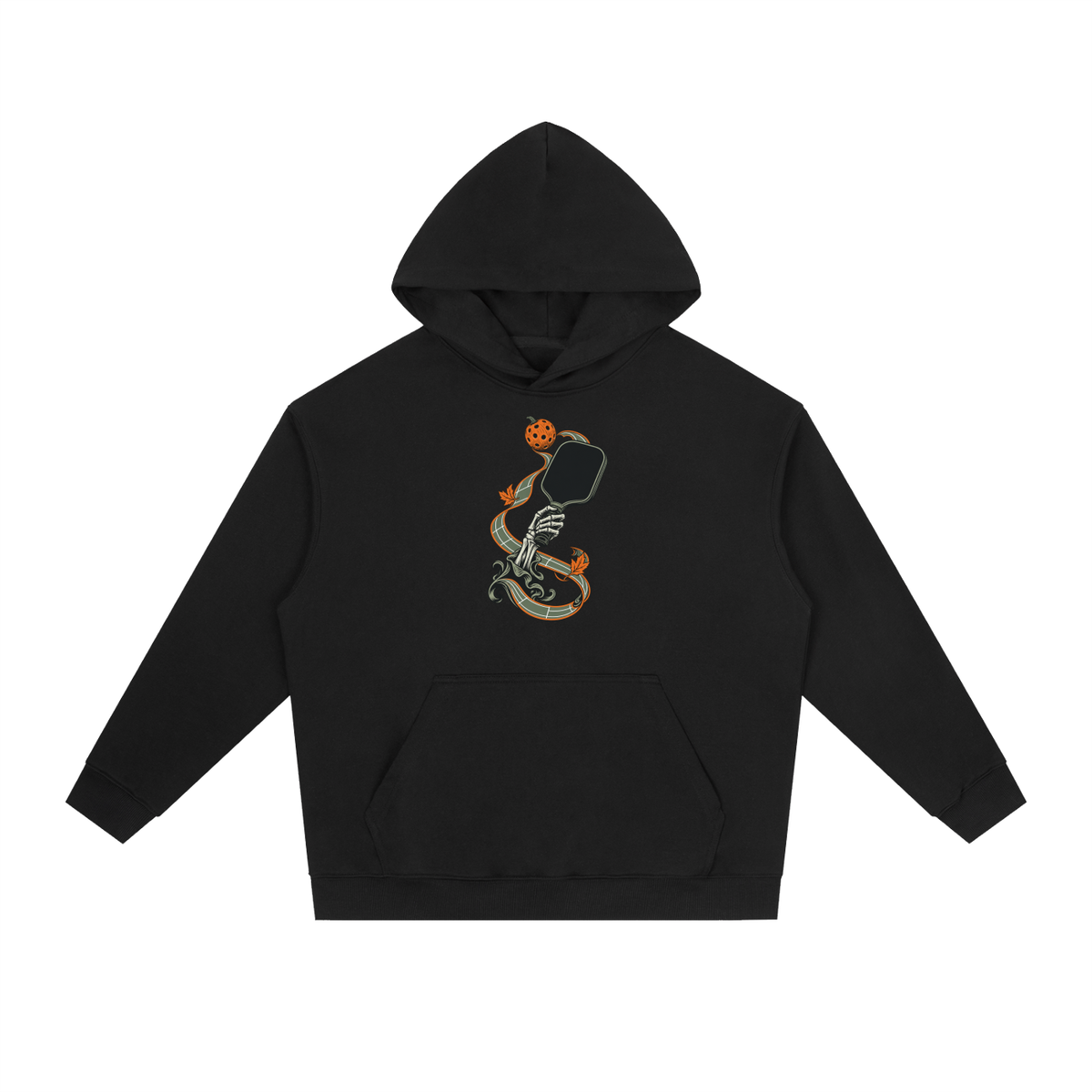 Black drop-shoulder hoodie with front graphic, hood, and kangaroo pocket