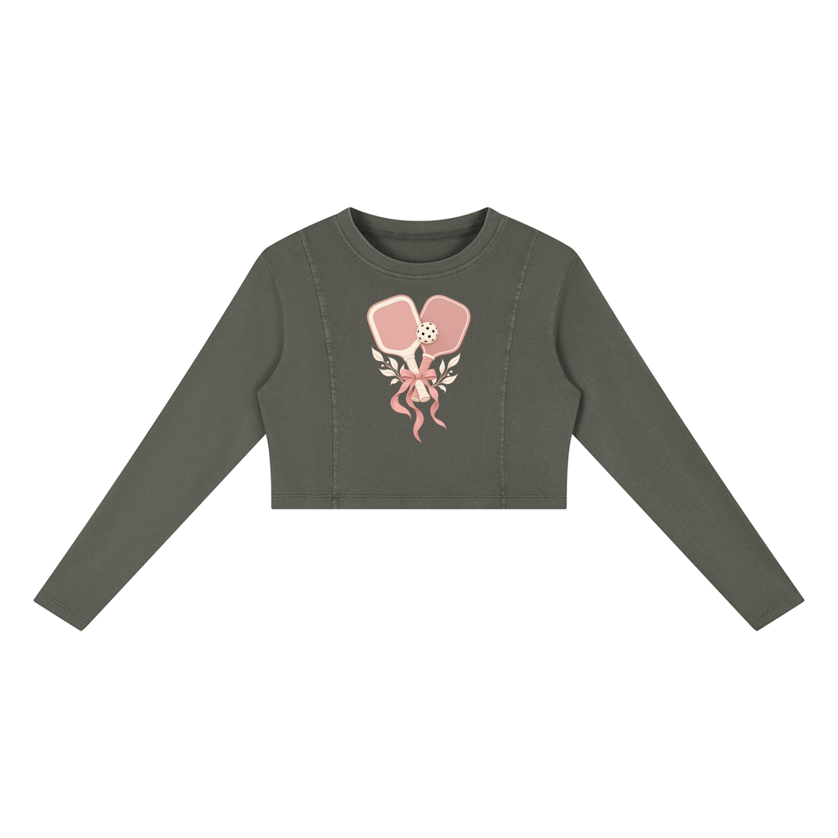Women's dark gray mineral wash crop sweatshirt with pink floral graphic front