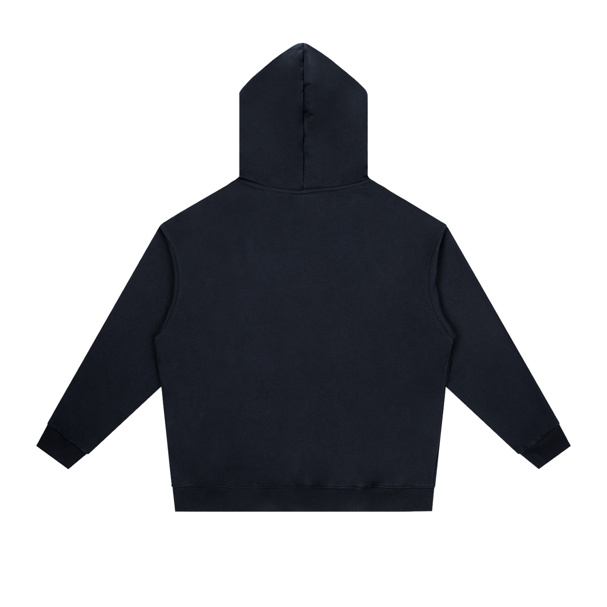 Heavyweight drop-shoulder hoodie in navy, back view with hood and kangaroo pocket.