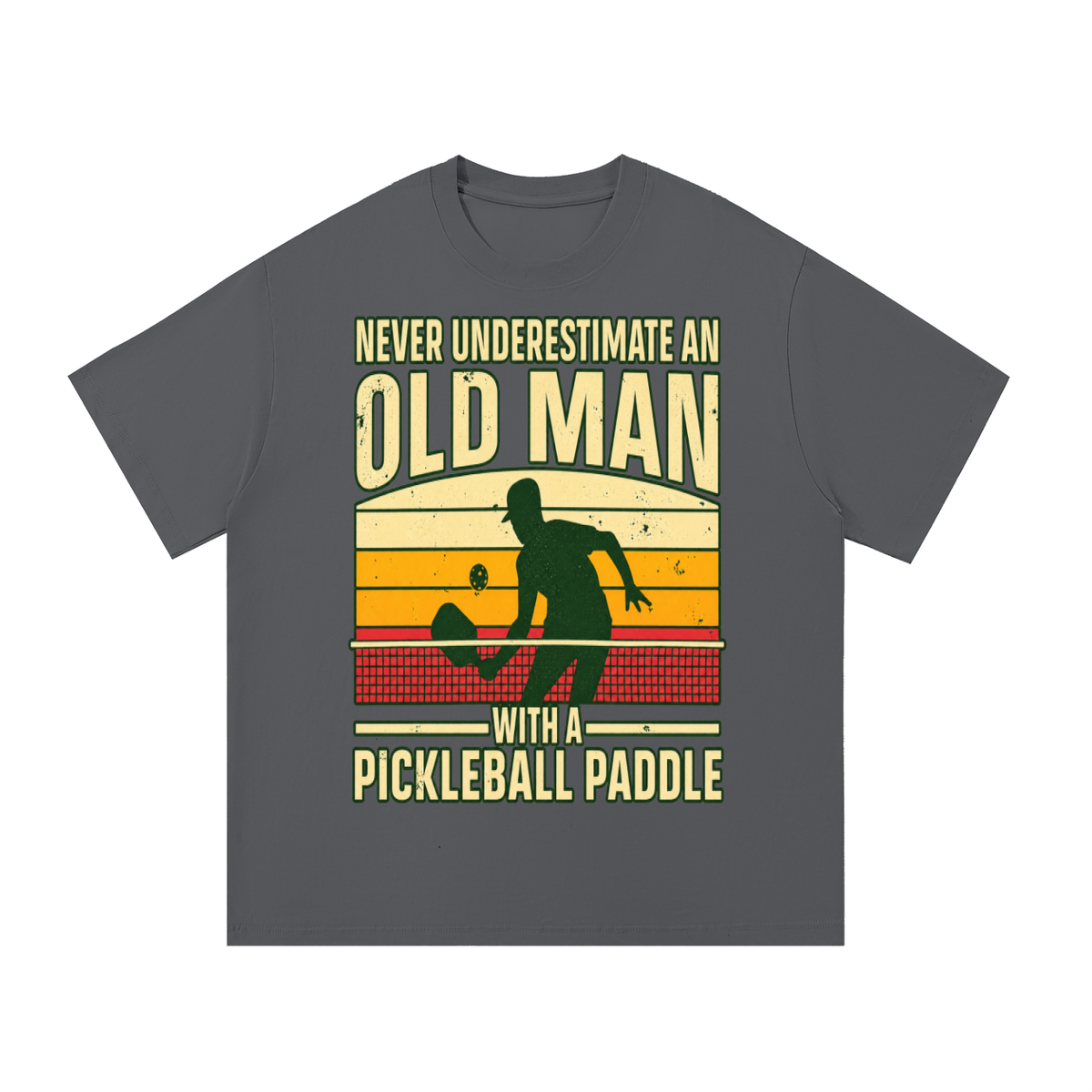 Charcoal cotton t-shirt with “Old Man” pickleball graphic on the front