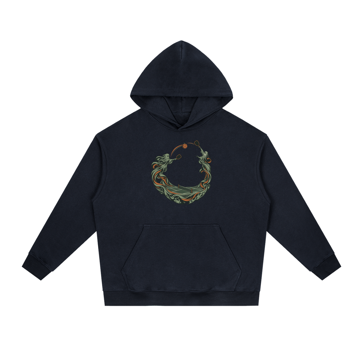 Heavyweight drop-shoulder hoodie in navy, front graphic with hood and kangaroo pocket.