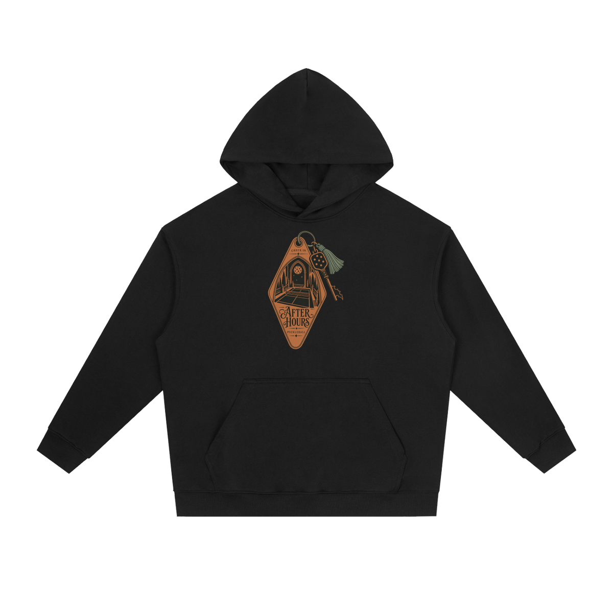 Black heavyweight drop-shoulder hoodie with front kangaroo pocket and hood.