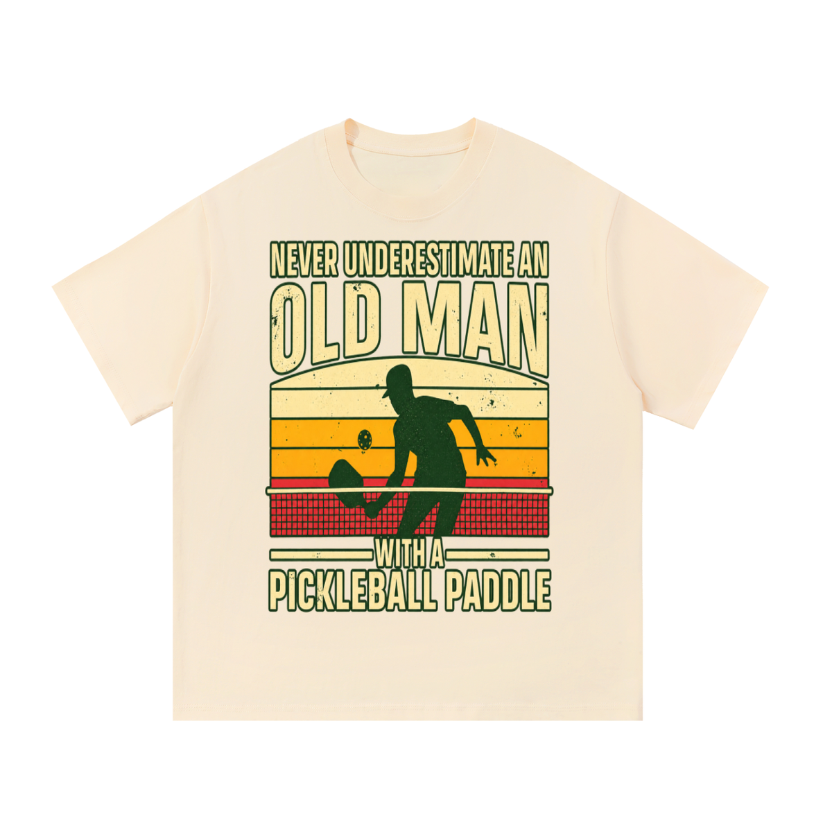 Beige cotton t-shirt with “Old Man” pickleball graphic on the front